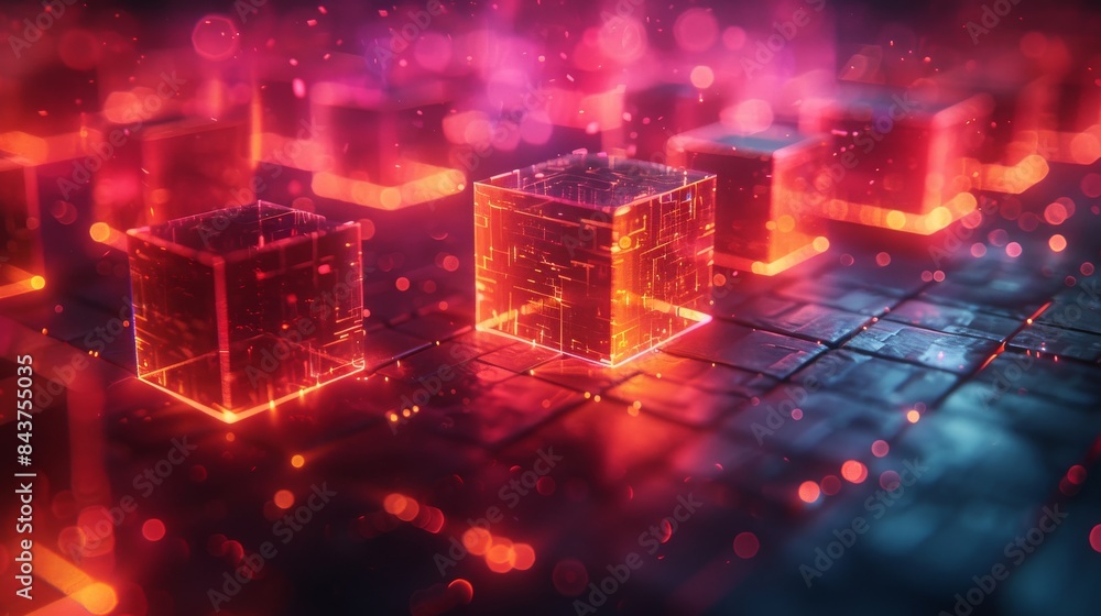 Poster a dynamic digital concept featuring glowing cubes with a futuristic cybernetic design, implying adva