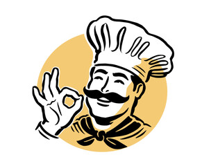 Portrait of smiling cartoon chef wearing hat in logo style. Emblem for restaurant or cafe menu design