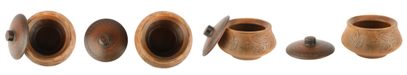 Large collection of ceramic pans from different angles isolated on white