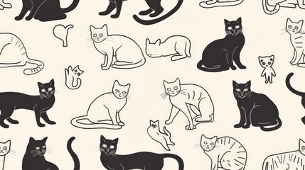 Fototapeta premium Seamless line pattern of cats in various playful poses, ideal for fabric design