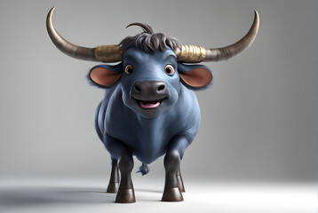 A 3D animated cartoon render of a smiling cartoon Cute cartoon water buffalo with large horns looking surprised cartoon character 3D Rendered on White background.