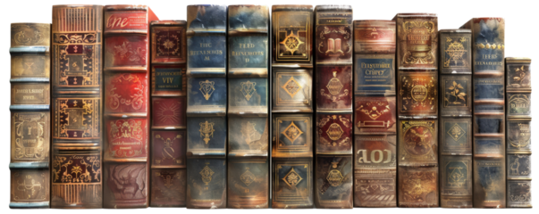 A row of old books with gold lettering on the spines. The books are lined up in a row and are of different sizes, isolated on transparent background
