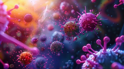 Fototapeta premium 3D medical illustration of Monkeypox virus particles, intricate details, bright colors, high resolution, photorealistic, scientific rendering