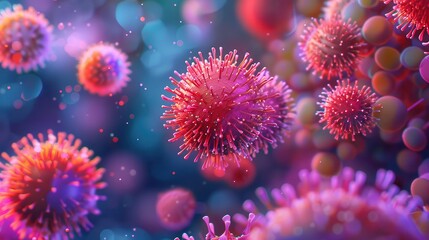 3D medical illustration of Monkeypox virus particles, intricate details, bright colors, high resolution, photorealistic, scientific rendering