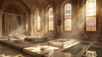 Sunlit historic Turkish bath interior with stained glass windows