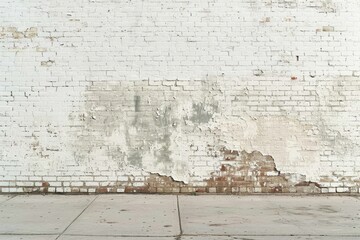 Old white brick wall with peeling paint and weathered sidewalk. Urban decay concept. Design for poster, wallpaper, banner, background