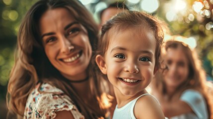 Fototapeta premium A young girl with a bright smile is featured in the foreground of the image, her mothers smiling face is blurred in the background.