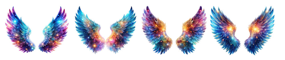 Collection of Cosmic Angel Wings Illustrations in Vibrant, Swirling Patterns