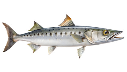 Obraz premium a single barracuda against a plain white background. The fish has a streamlined body with dark spots along its sides