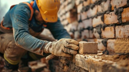 Fototapeta premium Bricklayers constructing walls up close