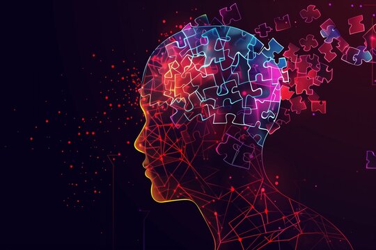 Human mind puzzle Cognitive psychology concept. psychotherapy symbol Mental health exploration Human head profile and jigsaw puzzle, cognitive psychology or psychotherapy concept. Dark Background.