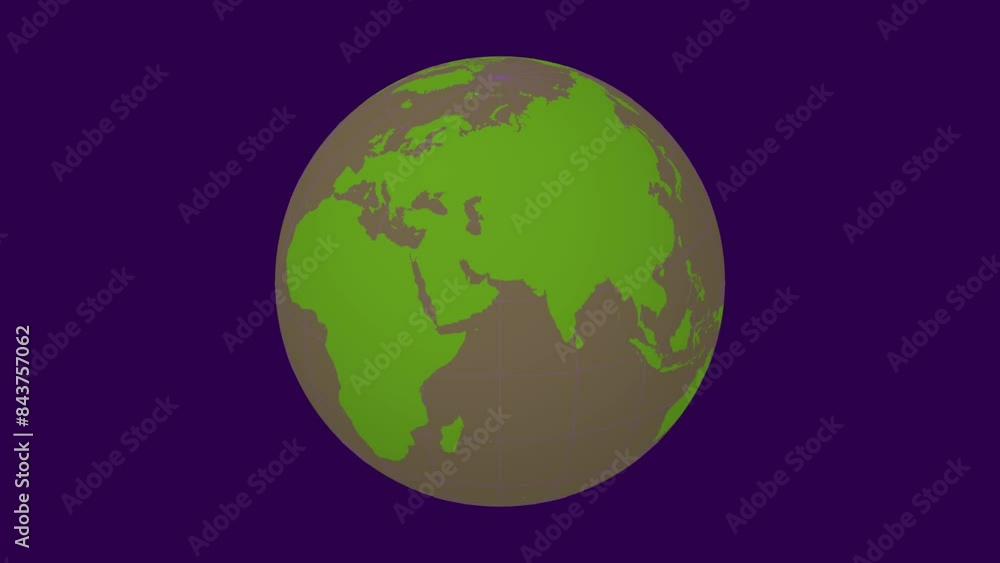 Poster rotating earth. slanted sphere view. moderate speed earth rotation. solid color style. world map wit