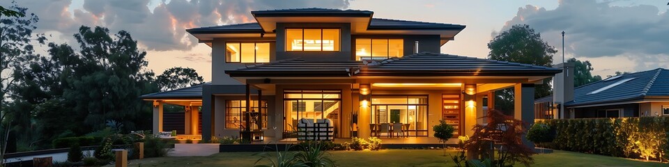 /imagine: Modern suburban house at twilight, featuring elegant architecture, glowing interior lights, and a beautifully maintained garden, captured by an HD camera.