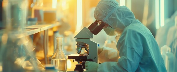 Research laboratory with a scientist in a protective suit front view using a microscope