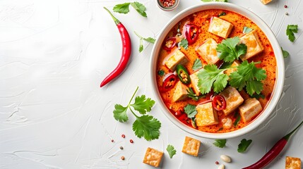 Spicy Thai Red Curry Tofu Dish with Fresh Cilantro and Chili Peppers on White Background
