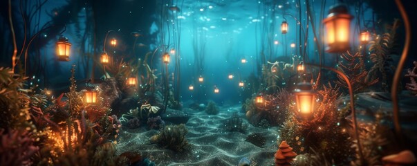 Enchanted forest path illuminated by glowing lanterns.