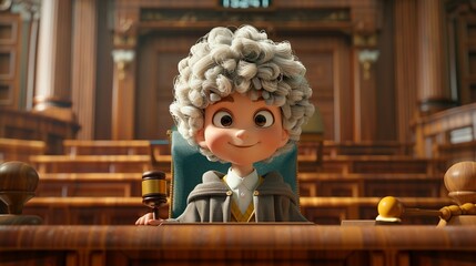 A child in a judges robe, with a gavel and wig, standing behind a courtroom bench. Cartoons character, Adorable clay, muted pastels, 3D clay icon, Blender 3d, matte background with subtle gradients,