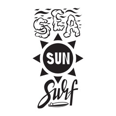 sea sun sufr lettering north shore sufr vector print for summer t shirts with grunge surfboard patchwork background. Vector illustration
