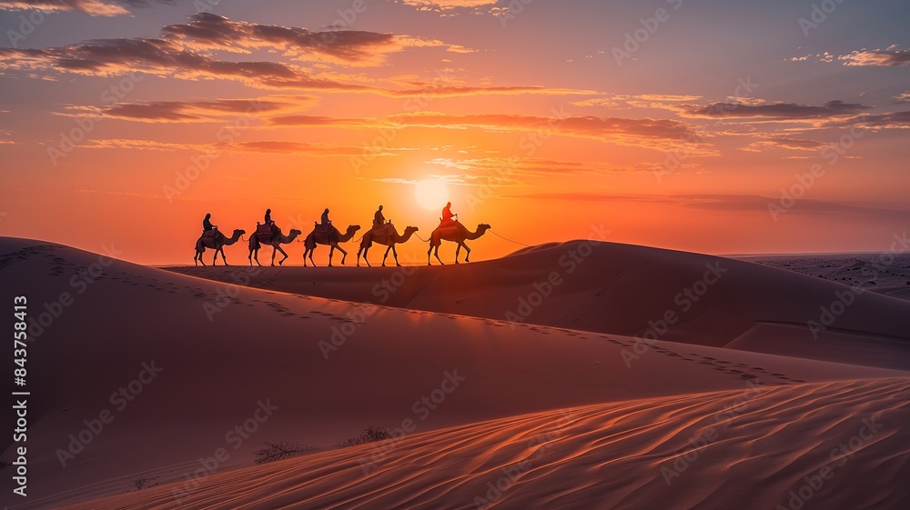 Poster embark on a visual adventure as a caravan of camels traverses the expansive desert landscape, with v