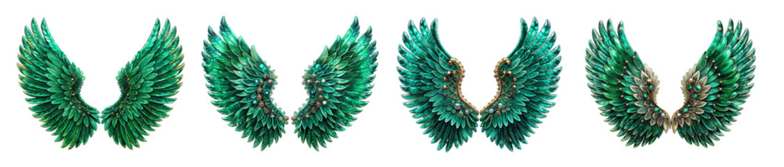 Collection of Emerald Angel Wings Illustrations with Detailed Feathered Designs