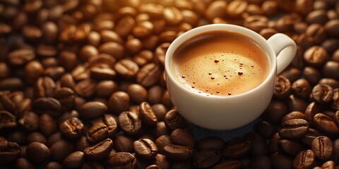 Close-up image of a rich espresso shot served in a white cup surrounded by roasted coffee beans