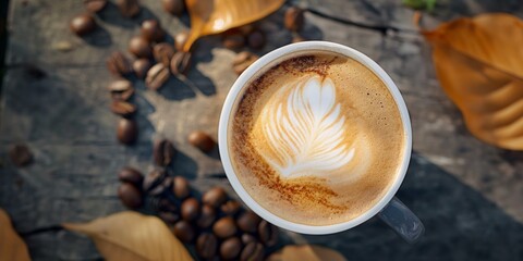 An aerial view of a latte with a beautifully crafted milk leaf design, amongst autumn leaves