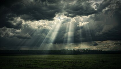 Sunbeams break through dark storm clouds, illuminating a field of green grass and trees in the distance.