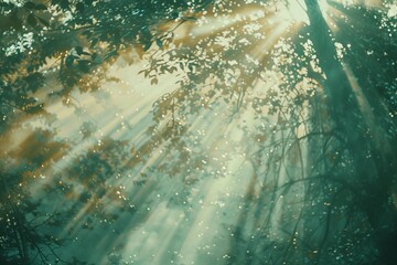 Obraz premium Sunlight streams through a dense forest canopy, creating a mystical and ethereal atmosphere.
