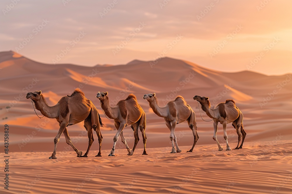 Poster embark on a visual adventure as a caravan of camels traverses the expansive desert landscape, with v
