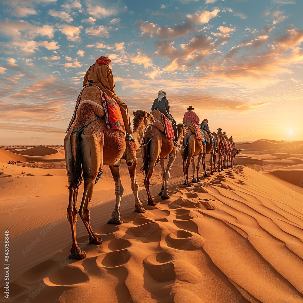 Poster embark on a visual adventure as a caravan of camels traverses the expansive desert landscape, with v