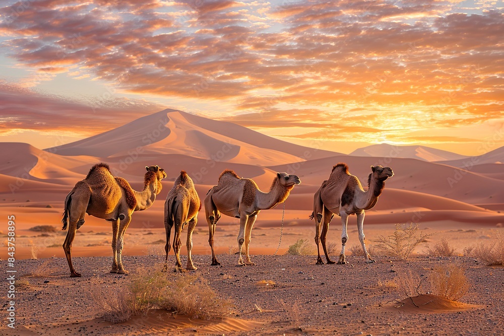 Poster embark on a visual adventure as a caravan of camels traverses the expansive desert landscape, with v