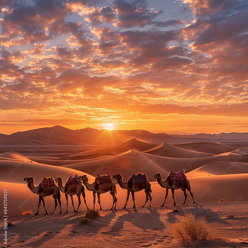 Poster embark on a visual adventure as a caravan of camels traverses the expansive desert landscape, with v