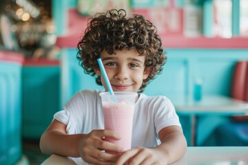 Cute boy with curly hair with vanilla milkshake drink with straw. Kid at classic american diner with turquoise interior. 