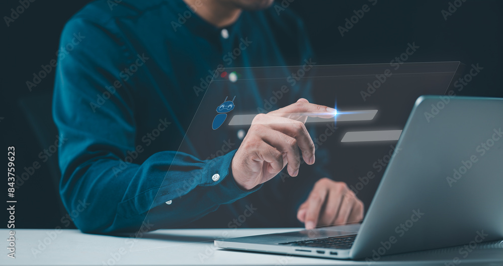 Poster ai (artificial intelligence) is being utilized in digital chatbots, where a man interacts with a dig