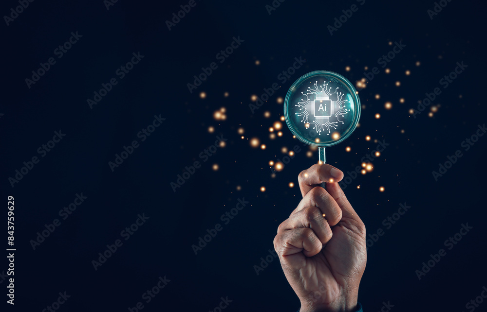 Poster the concept of ai (artificial intelligence) is depicted by a magnifying glass highlighting ai data a