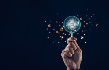 The concept of AI (Artificial Intelligence) is depicted by a magnifying glass highlighting AI data and connected icons on the right corner of a blue background.