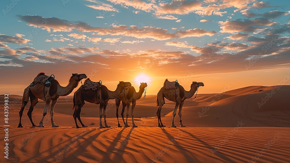 Poster embark on a visual adventure as a caravan of camels traverses the expansive desert landscape, with v
