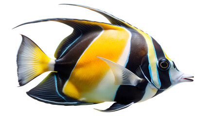Moorish Idol fish. This species is characterized by its distinct black, white, and yellow bands, a long dorsal fin that extends backward, and a pointed snout