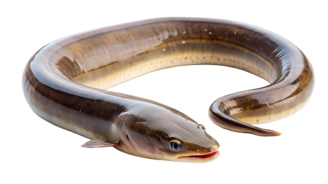 electric eel. It has a long, slender body with a smooth, shiny surface that reflects light, giving it a slightly glossy appearance
