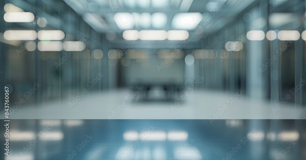 Poster blurred office background with empty desk. blurred office interior with empty desk in foreground, id