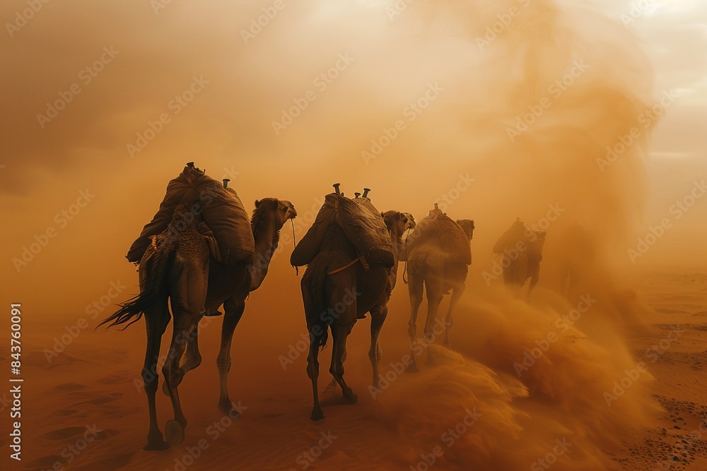 Poster embark on a visual adventure as a caravan of camels traverses the expansive desert landscape, with v