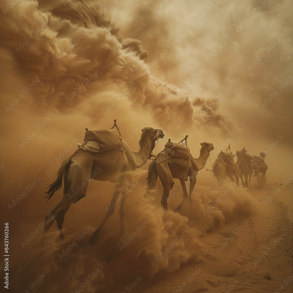 Poster embark on a visual adventure as a caravan of camels traverses the expansive desert landscape, with v