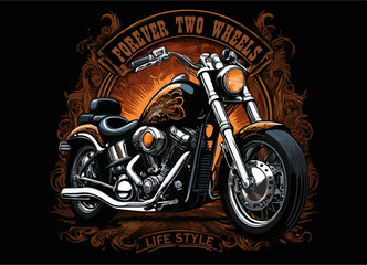Vector t-shirt design with biker motorcycle
and fire on black background.
Fashionable print for fabric, paper, men clothing,
hoodie, biker jacket. T shirt template with lettering
Forever two wheels.