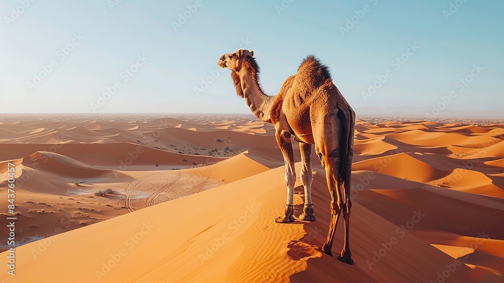 Poster embark on a visual adventure as a caravan of camels traverses the expansive desert landscape, with v