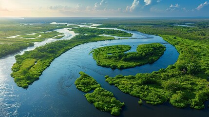 A bird's-eye view of a river delta, where pristine waterways are intersected by polluted streams originating from a nearby industrial area. Dramatic Photo Style,