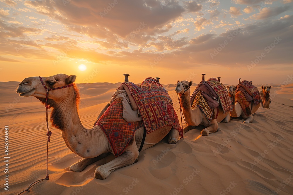 Poster embark on a visual adventure as a caravan of camels traverses the expansive desert landscape, with v