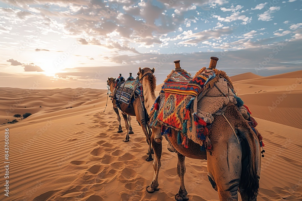 Poster embark on a visual adventure as a caravan of camels traverses the expansive desert landscape, with v