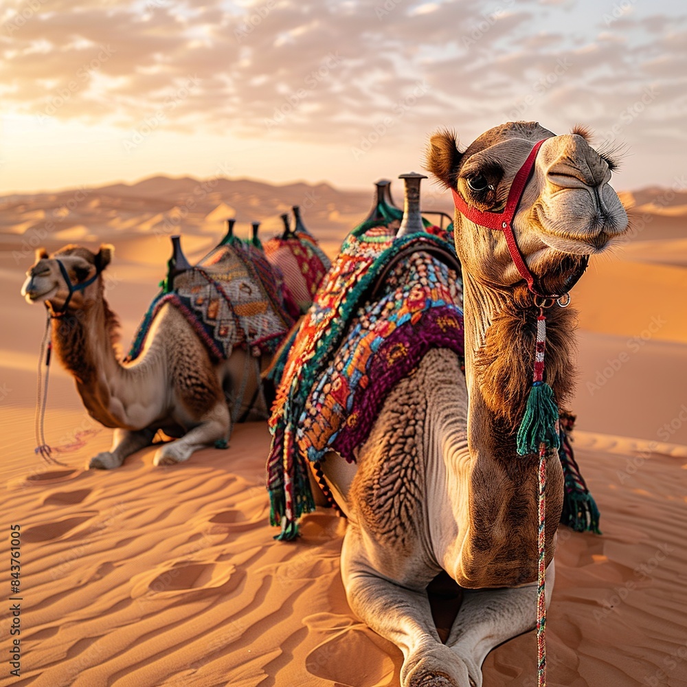 Poster embark on a visual adventure as a caravan of camels traverses the expansive desert landscape, with v