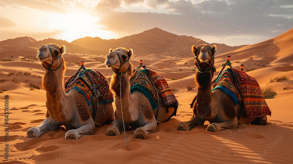 Poster embark on a visual adventure as a caravan of camels traverses the expansive desert landscape, with v