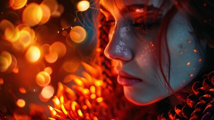 Beautiful woman with fiery dragon scales, cyberpunk style, AI generated image